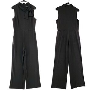 DKNY Jumpsuit sz 10 Women Black Sleeveless Bow Tie Neck Wide Leg Stretch Minimal